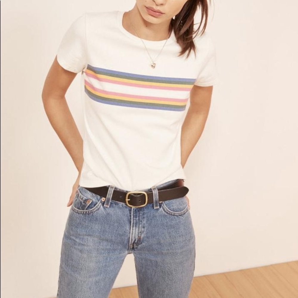 Reformation 70s Tee Ivory Rainbow Striped XS